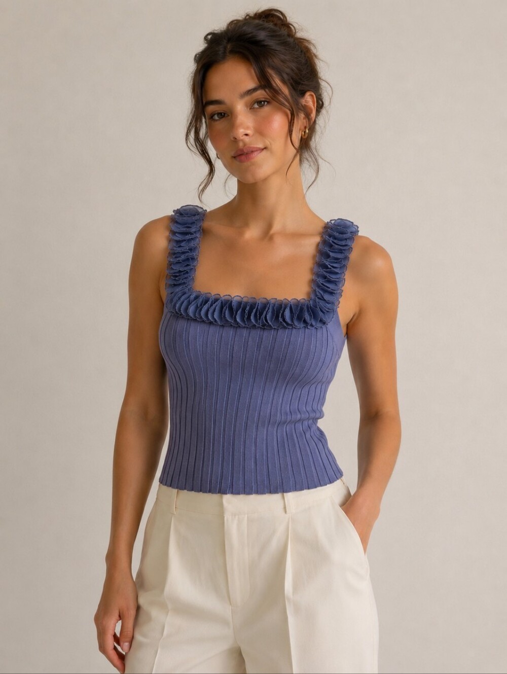VINTAGE silk periwinkle ribbed tank with rosette accents - size small
